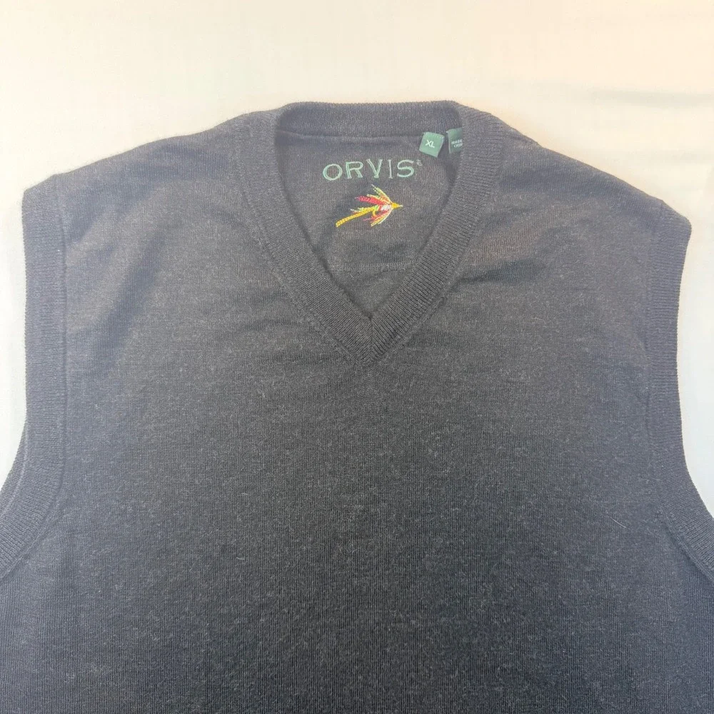 Orvis 100% Merino Wool Sweater Vest Mens XL Black Fly Fishing V Neck Golf
